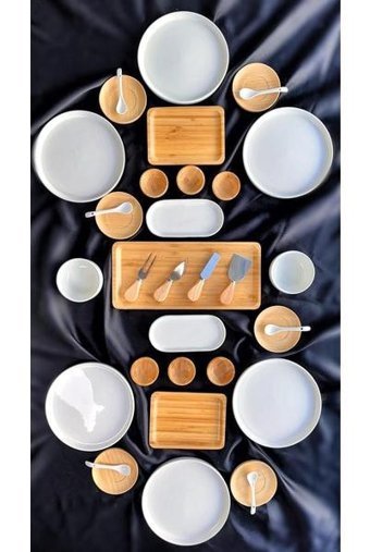 Bambum Atbyhome 35 Parça 6 Kişilik Beyaz-Ahşap Bambu-Seramik Kahvaltı Takımı