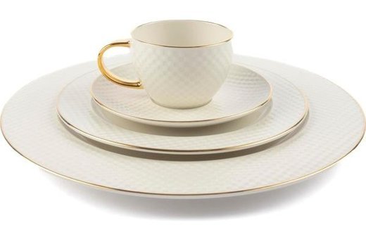 Mikasa Moor Accent 19 Parça 6 Kişilik Beyaz-Silver Desenli Porselen Kahvaltı Takımı