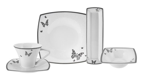 Karaca Fine Pearl Mariposa 26 Parça 6 Kişilik Beyaz-Siyah Desenli Porselen Kahvaltı Takımı