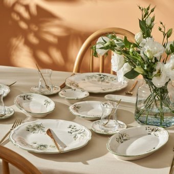 Bella Maison Julia 26 Parça 6 Kişilik Beyaz-Yeşil Desenli Stoneware Kahvaltı Takımı