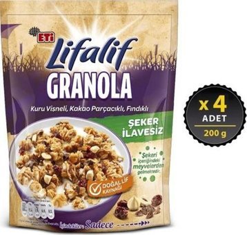 Eti Lifalif Kuru Vişneli-Kakao Parçacıklı-Fındıklı Granola 4x200 gr