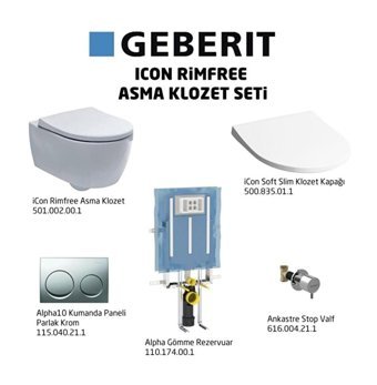 Geberit Icon Rimfree Alpha10 Slim Seramik Kanalsız Arkadan Çıkışlı Gömme Duvara Sıfır Asma Klozet Beyaz