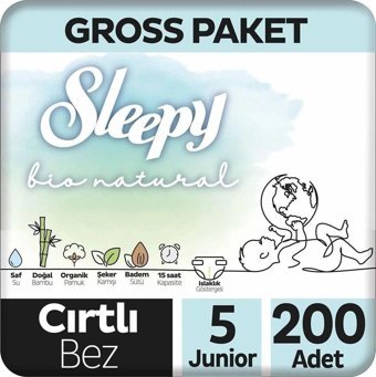 Sleepy Bio Natural 5 Numara Organik Göbek Oyuntulu Cırtlı Bebek Bezi 200'lü