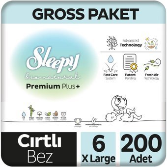 Sleepy Bio Natural Premium Plus 6 Numara Organik Cırtlı Bebek Bezi 200'lü