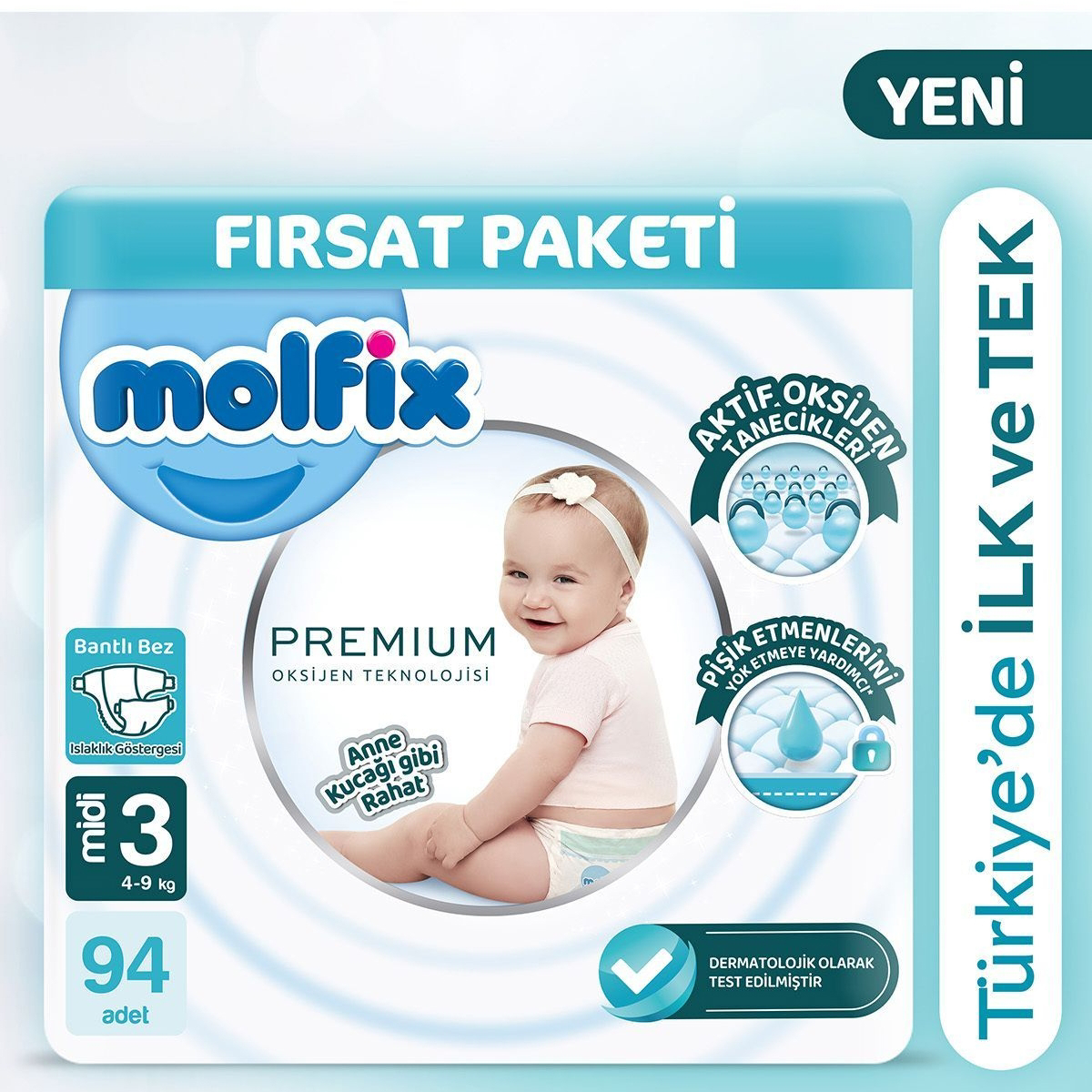 Molfix Premium 3 Numara Göbek Oyuntulu Cırtlı Bebek Bezi 94'lü