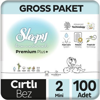 Sleepy Bio Natural Premium Plus 2 Numara Organik Cırtlı Bebek Bezi 100'lü
