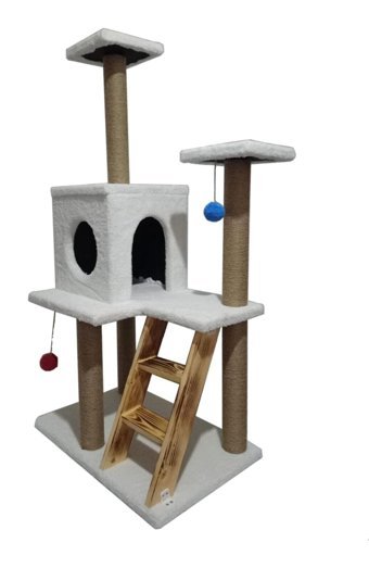 Juge Cat Kare Tırmalamalı 3 Katlı İç Mekan Ahşap Kedi Evi Beyaz