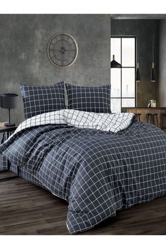 Sedali Home Çift Yönlü Pamuk 230x160 cm Lastikli Çarşaflı Kareli Tek Kişilik Nevresim Takımı Beyaz-Siyah