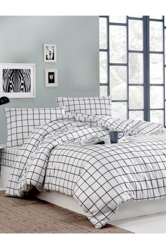 Sedali Home Pamuk-Polyester 230x160 cm Lastikli Çarşaflı Kareli Tek Kişilik Nevresim Takımı Beyaz