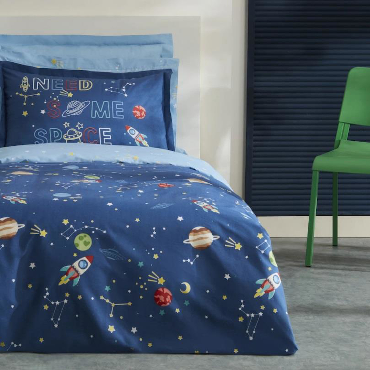 Karaca Home Young Space Pamuk 160x220 cm Lastikli Çarşaflı Uzay Desenli Tek Kişilik Nevresim Takımı Koyu Mavi