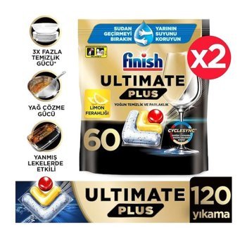 Finish Ultimate Plus Hepsi Bir Arada Limon Tablet Bulaşık Makinesi Deterjanı 2x60 Adet