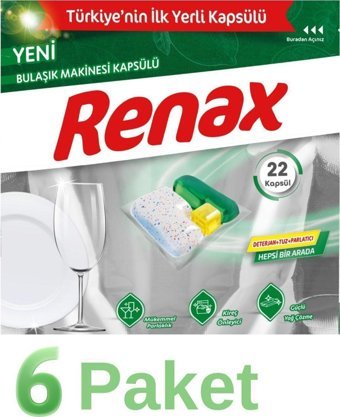 Renax Hepsi Bir Arada Kapsül Bulaşık Makinesi Deterjanı 6x22 Adet