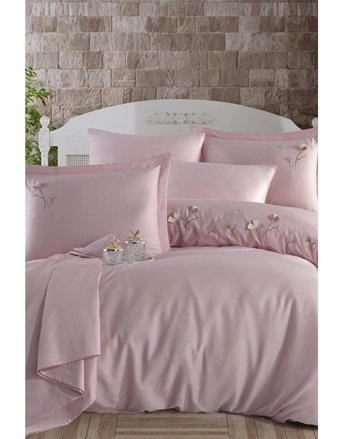 Çeyiz Diyarı Lapis Nakışlı Pamuk Saten 4 Mevsim 200x220 cm Çarşaflı Çift Kişilik Nevresim Takımı Pudra