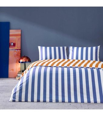 Taç Neva Pamuklu 4 Mevsim 200x220 cm Çarşaflı Lastikli Çift Kişilik Nevresim Takımı Lacivert-Turuncu
