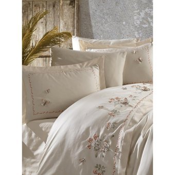 Çeyiz Diyarı Artiva Nakışlı Pamuk Saten 4 Mevsim 200x220 cm Çarşaflı Desenli Çift Kişilik Nevresim Takımı Şampanya