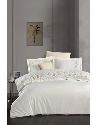 Çeyiz Diyarı Felda Nakışlı Pamuklu 4 Mevsim 200x220 cm Çarşaflı Çift Kişilik Nevresim Takımı Ekru