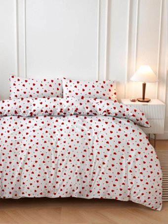 Mira Home Kırmızı Kalpli Pamuklu 4 Mevsim 180x200 cm Çarşaflı Lastikli Çift Kişilik Nevresim Takımı Beyaz