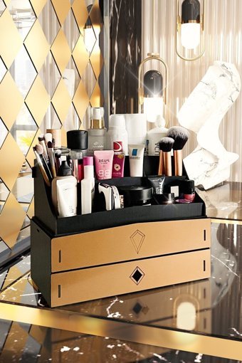 Design Otto 2 Katlı 2 Çekmeceli Makyaj Organizeri Siyah-Gold