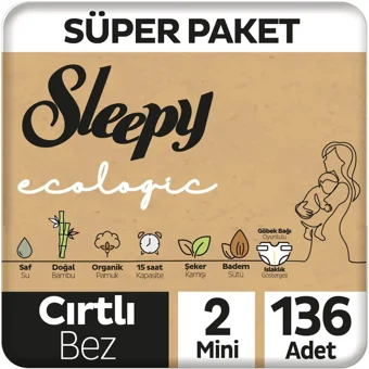 Sleepy Ecologic 2 Numara Organik Cırtlı Bebek Bezi 136 Adet