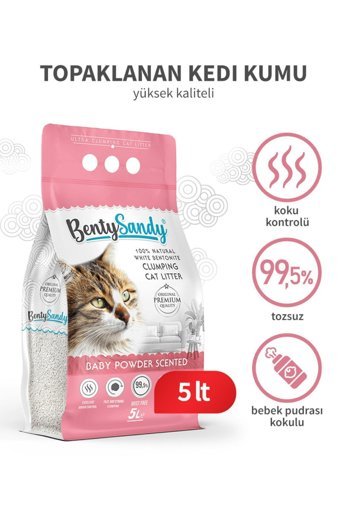 Benty Sandy Bebek Pudrası Kokulu Topaklanan İnce Taneli Bentonit Kedi Kumu 20 lt