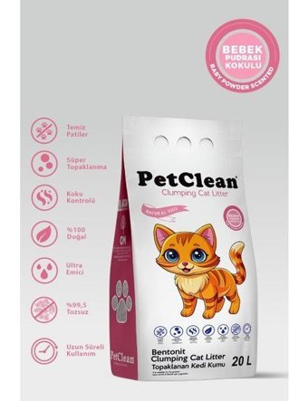 Pet Clean Bebek Pudra Kokulu Topaklanan İnce Taneli Bentonit Kedi Kumu 20 lt