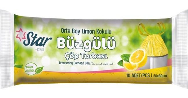 Star Limon Kokulu Şeffaf Büzgülü Orta Boy 55x60 cm Çöp Poşeti 10 Adet Beyaz