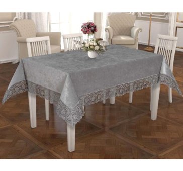 Zesa Home Güpürlü Kadife 160x350 cm Dikdörtgen Masa Örtüsü Gri