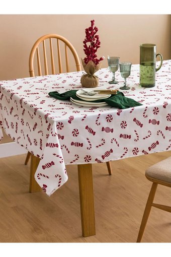 Lc Waikiki Yılbaşı Temalı Pamuk-Polyester 150x200 cm Dikdörtgen Masa Örtüsü Kırmızı-Beyaz