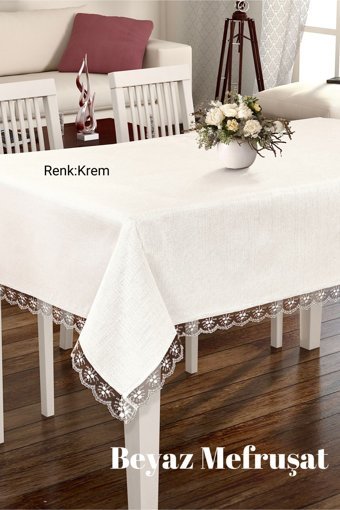Cardea Güpürlü Polyester 160x220 cm Dertsiz Dikdörtgen Masa Örtüsü Krem