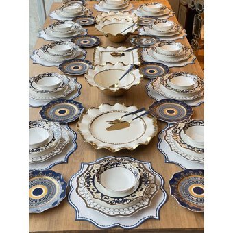 Rossev Blue Ring 70 Parça 12 Kişilik Desenli Porselen Yuvarlak Yemek Takımı