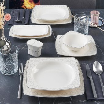 Güral Porselen Caroline 6335 54 Parça 12 Kişilik Desenli Porselen Kare Yemek Takımı
