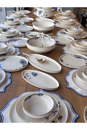 Rossev Blue Blanch 80 Parça 12 Kişilik Desenli Porselen Yuvarlak Yemek Takımı