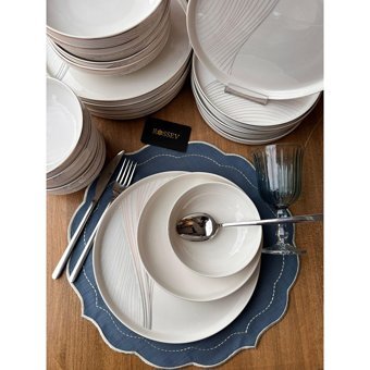 Rossev Modern Line 24 Parça 6 Kişilik Desenli Porselen Yuvarlak Yemek Takımı
