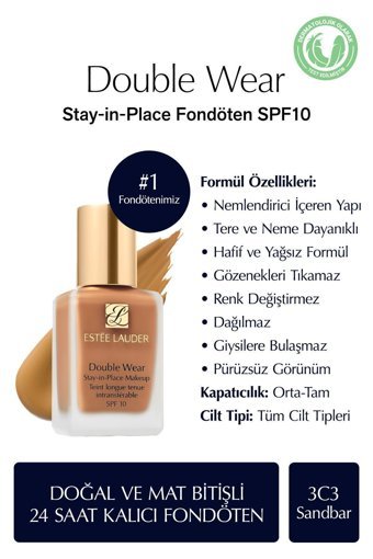 Estée Lauder Double Wear Stay In Place 3C3 Sandbar Su Bazlı Güneş Koruyuculu Serum Fondöten 30 ml