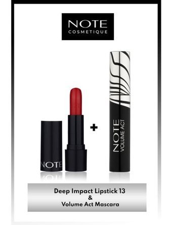 Note Deep Impact Lipstick Parlak Ruj 13 Impressive Red - Kırmızı & Volume Act Maskara Makyaj Seti