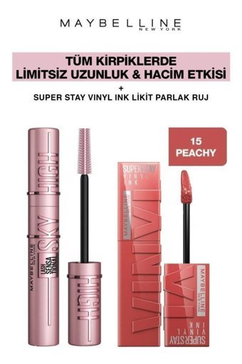 Maybelline New York Sky High Dev Limitsiz Kirpikler-Gün Boyu Kalıcı Parlak Dudaklar 15 Peachy Makyaj Seti