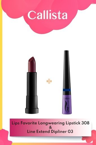 Callista Lips Favorite Longwearing Ruj 308 Vampy Like - Bordo & Line Extend Dipliner 03 Mavi Makyaj Seti