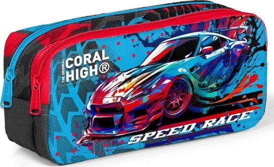 Coral High 12085 Gri-Mavi Baskılı Kumaş Bölmeli Çift Gözlü Arabalı Dikdörtgen Cüzdan Kalemlik