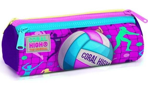 Coral High 22061 Mor - Pembe Desenli Bez Bölmeli 3 Gözlü Voleybol Üçgen Cüzdan Kalemlik