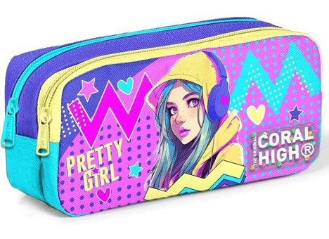 Coral High 12071 Turkuaz Baskılı Kumaş Bölmeli Çift Gözlü Kulaklıklı Kız Dikdörtgen Cüzdan Kalemlik