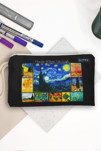 Limmy Siyah Desenli Bez Tek Gözlü Van Gogh Dikdörtgen Cüzdan Kalemlik