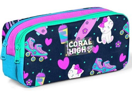 Coral High 12091 Lacivert - Pembe Desenli Kumaş Bölmeli Çift Gözlü Kedili Dikdörtgen Cüzdan Kalemlik