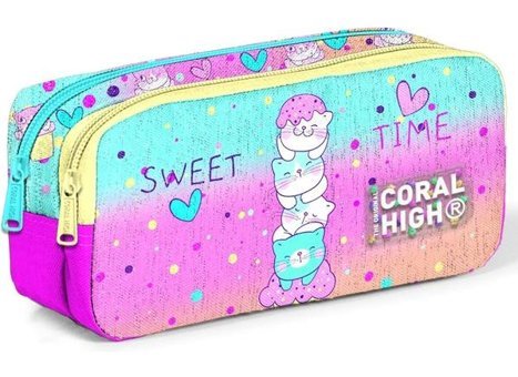 Coral High 12081 Çok Renkli Baskılı Kumaş Bölmeli Çift Gözlü Dondurmalı Kedi Dikdörtgen Cüzdan Kalemlik