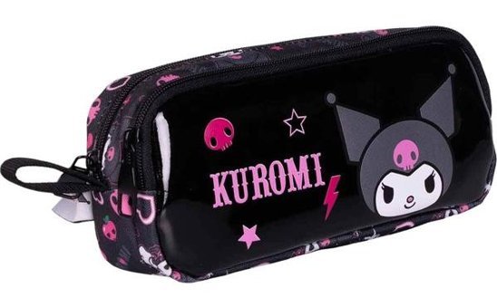 Kuromi 2733 Pembe-Siyah Desenli Bez Bölmeli Çift Gözlü Dikdörtgen Cüzdan Kalemlik