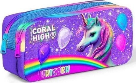 Coral High 12073 Mor - Pembe Simli Bez Bölmeli Çift Gözlü Unicorn Dikdörtgen Cüzdan Kalemlik