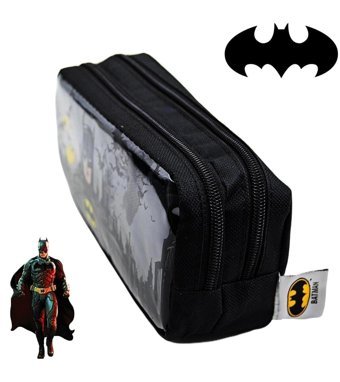 Piano Kod:2234 Siyah Baskılı Pvc - Kumaş Bölmeli Çift Gözlü Batman Dikdörtgen Cüzdan Kalemlik