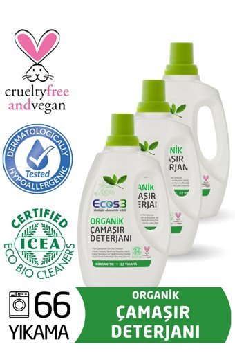 Ecos3 Organik Tüm Renkler İçin 66 Yıkama Sıvı Deterjan 3x750 ml