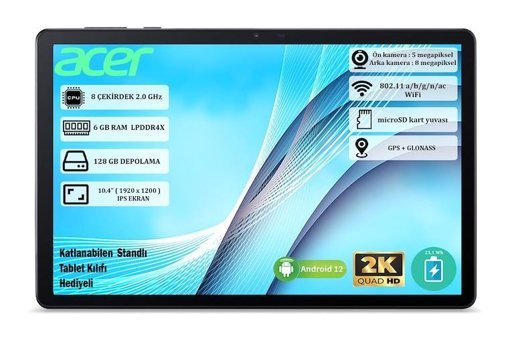 Acer Iconia Tab 128 GB Android 6 GB Ram 10.4 inç Tablet Gri