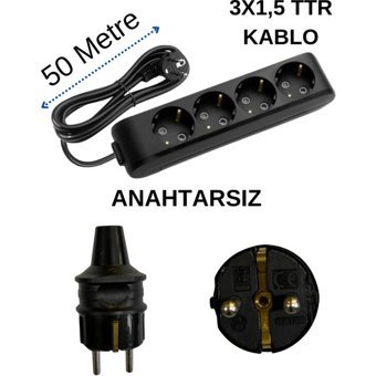 Avarson 3500 W Kalın Topraklı 4'lü 50 m Uzatma Kablosu Siyah