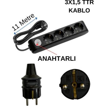 Avarson 3500 W Kalın Topraklı Anahtarlı 4'lü 11 m Uzatma Kablosu Siyah
